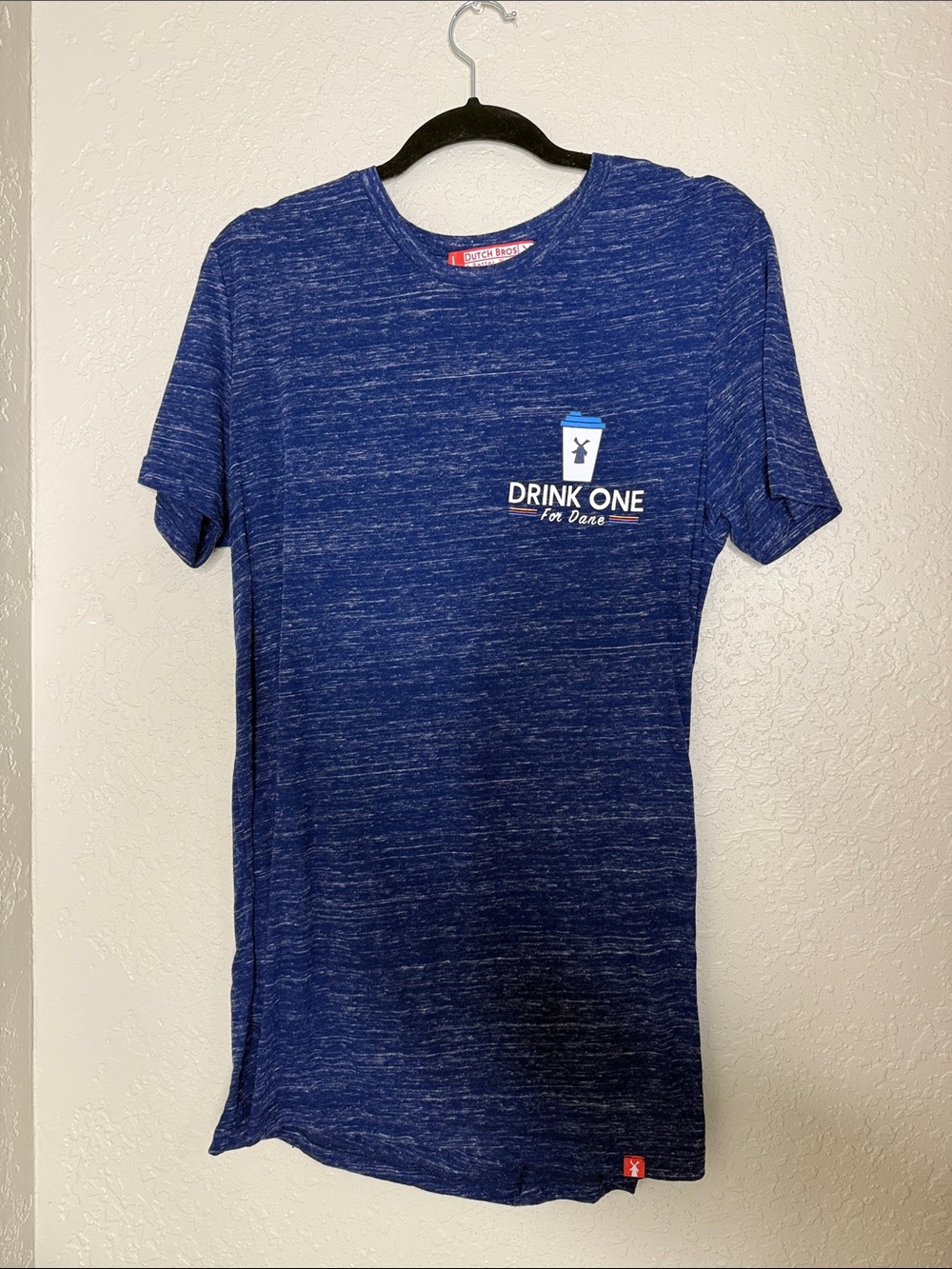 Dutch Bros drink one for Dane Blue Heather Crewneck with Rainbow Accent